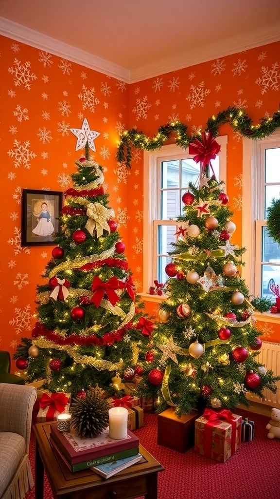 Festive Orange Christmas Wallpaper Ideas A festive room with orange Christmas wallpaper, decorated with a Christmas tree and holiday ornaments.